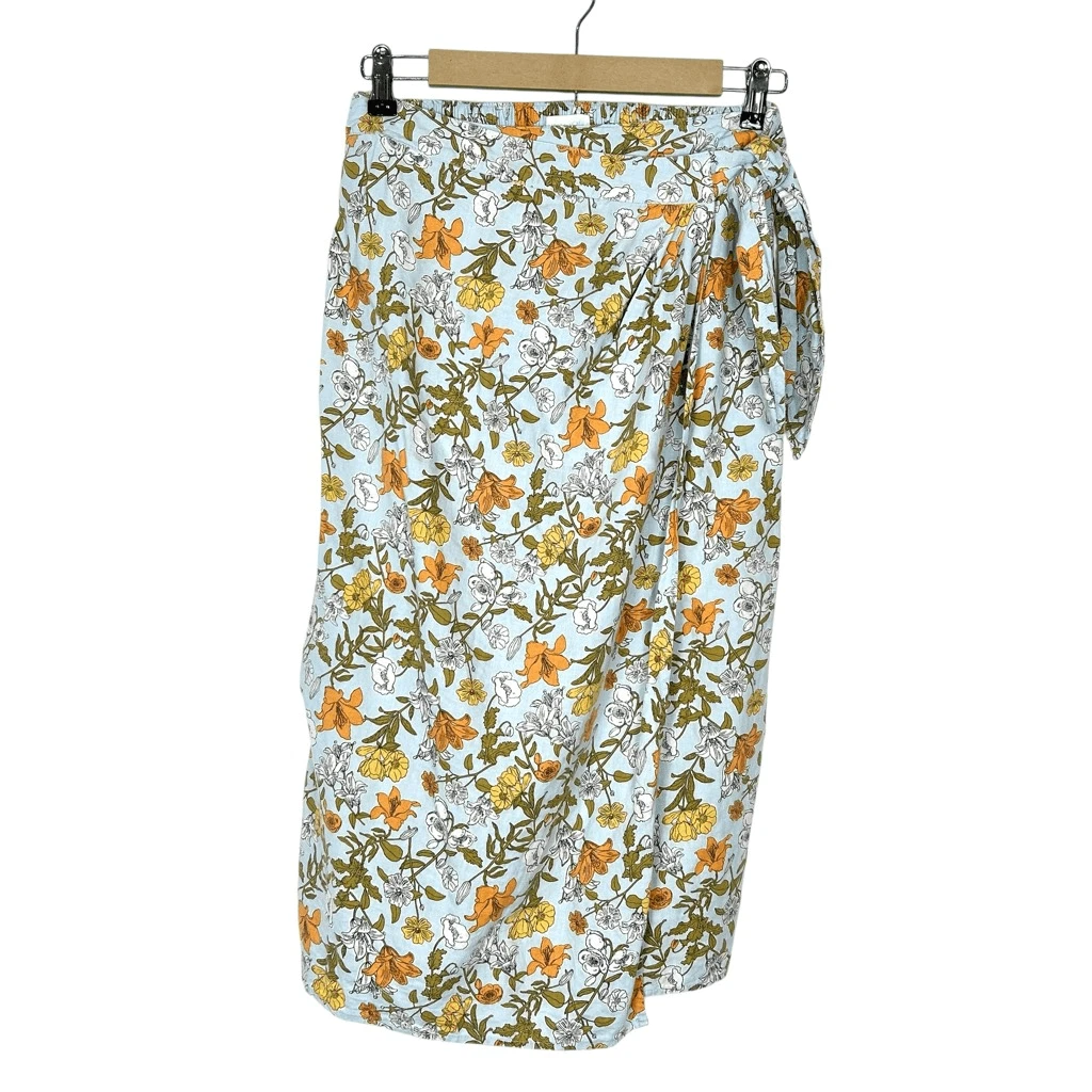 Cynthia Rowley Midi Skirt Linen Wrap Small Light Blue Floral Summer Leaves Long