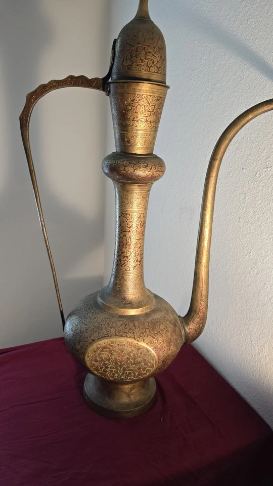 Antique Large 26" Brass Ewer Islamic Persian MiddleEast Coffee Pot Hand Engraved - Image 3 of 4