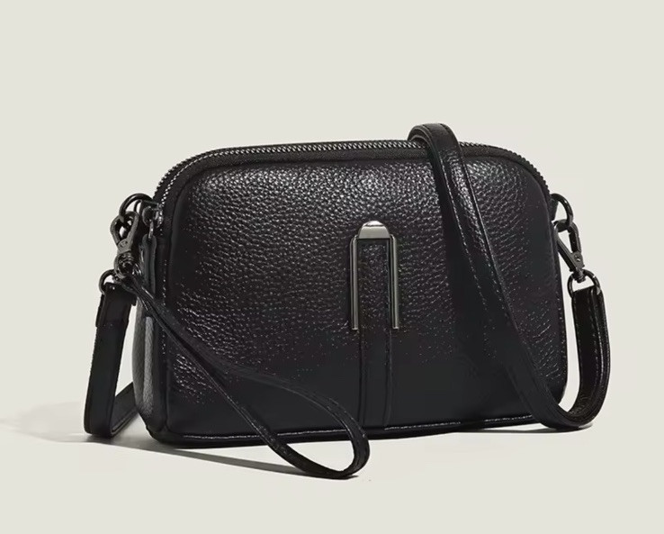 Genuine Leather Crossbody Bag Black for Women - Adjustable Strap, Camera Style