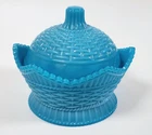 Antique Blue Opaline Milk Glass Basketweave Lidded Candy Dish Jar