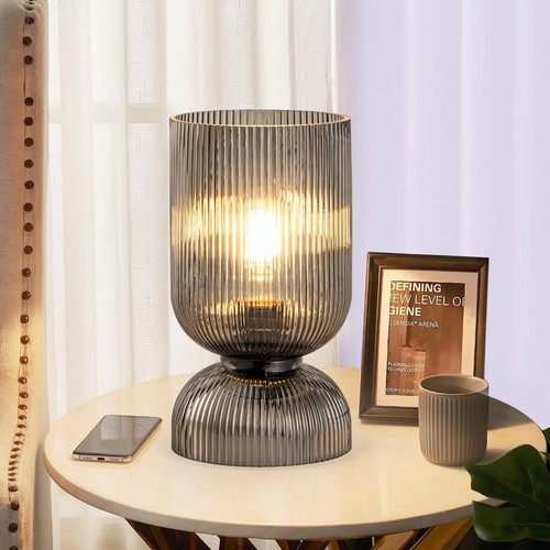 Modern Table Lamp,Glass Mid Century Lamp with Smoky Gray Glass Shade, Bedside...