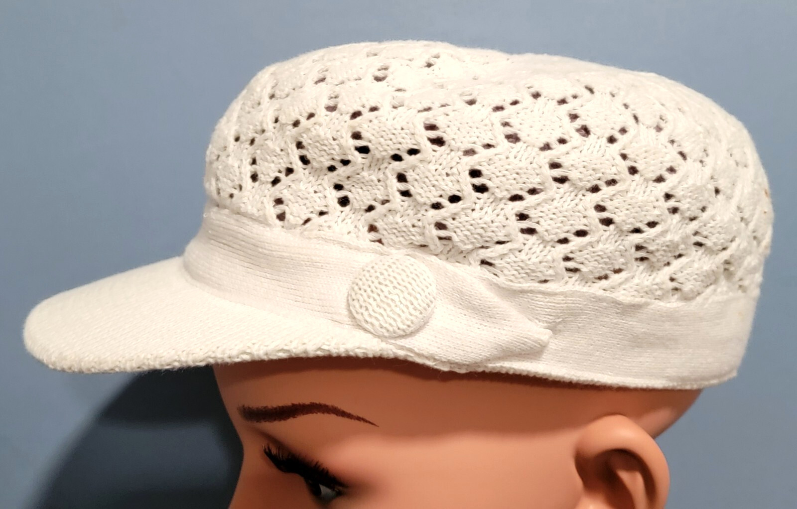 Rare White Crochet Knit Hat - Cabbie, Newsboy, Baker Style Ladies Airy Visor Cap