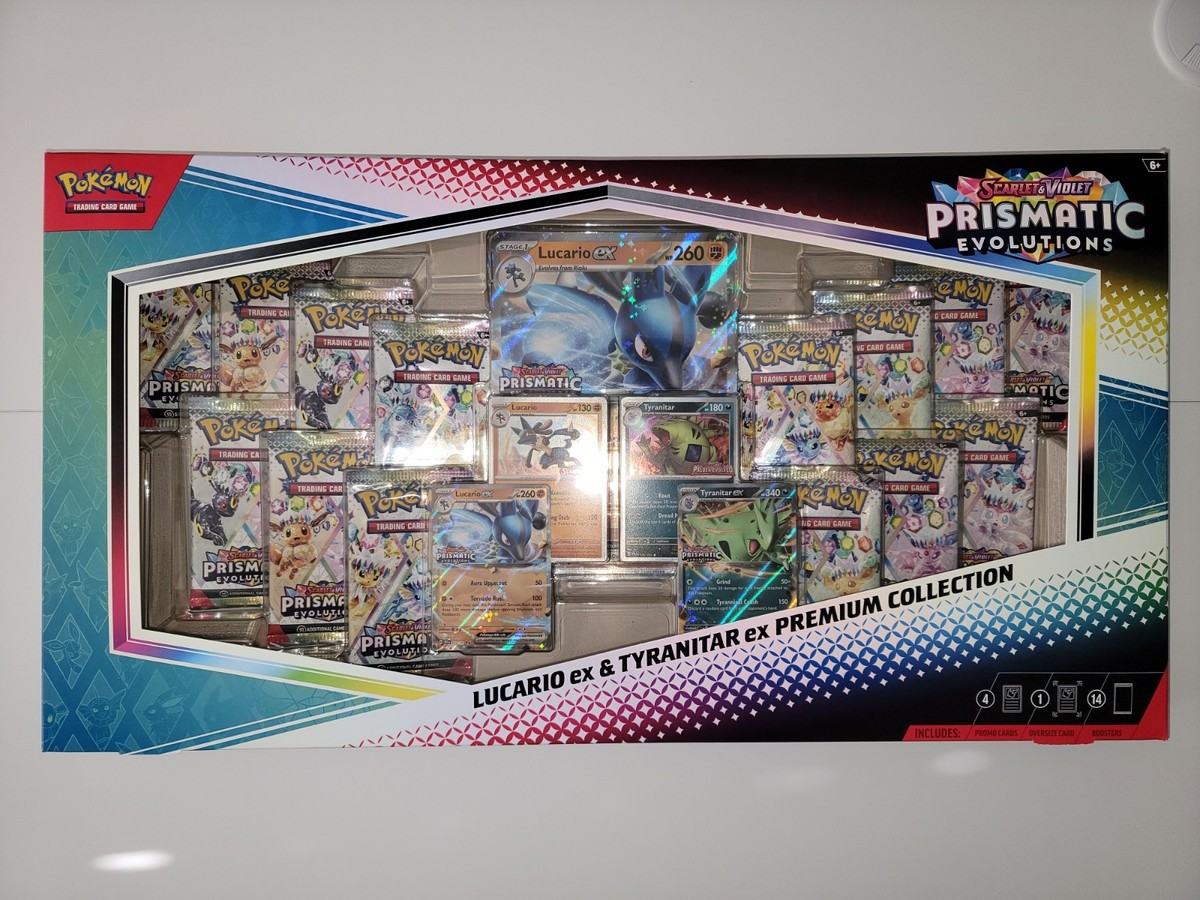 Box Retail Price Pokemon TCG Prismatic Evolutions Premium Collection - Lucario Ex & Tyranitar Ex, Factory Sealed Release Date Box Retail Price Pokemon TCG Prismatic Evolutions Premium Collection - Lucario Ex & Tyranitar Ex, Factory Sealed Release Date