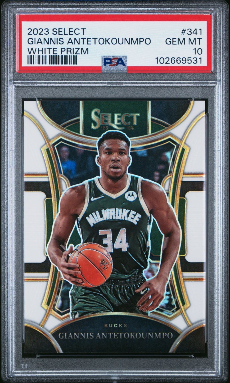 Giannis Antetokounmpo 2023-24 Panini Select White Prizm /149 PSA 10 #341