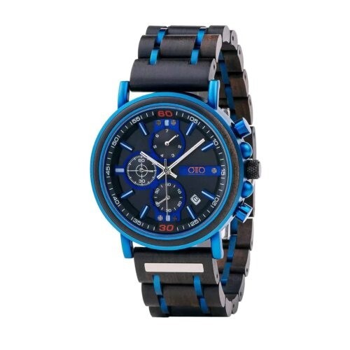 OTTO Wood Watch - Natural Ebony and Blue Stainless Steel Men’s Wooden Watch - Picture 1 of 5