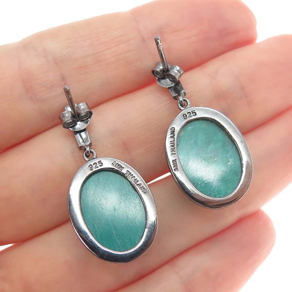 Pendientes colgantes de plata de ley 925 rodio negro real esmeralda de corte ovalado Foto 2 de 4