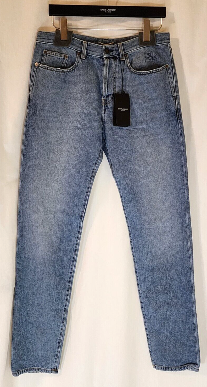 Jeans denim blu Saint Laurent da uomo effetto invecchiato D14 vita bassa slim taglia 32