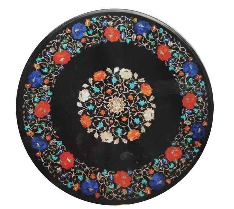 Handcrafted 24-Inch Black Marble Pietra Dura Coffee Table