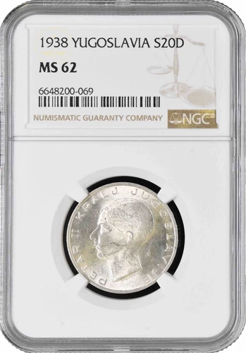 Yugoslavia 20 dinara 1938, NGC MS62, "King Peter II (1934 - 1945)" silver coin