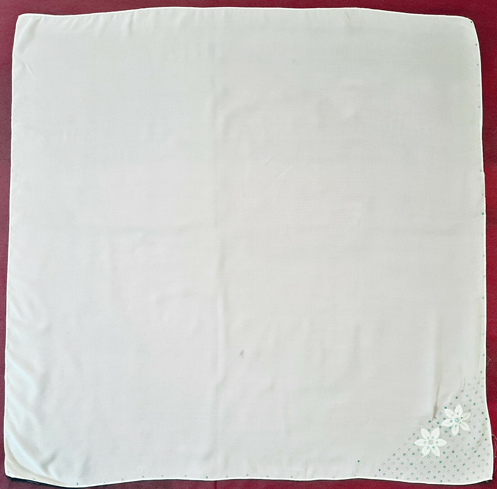 SCARF VINTAGE AUTHENTIC FLORAL ART WITH RHINESTONES WHITE SILK 38
