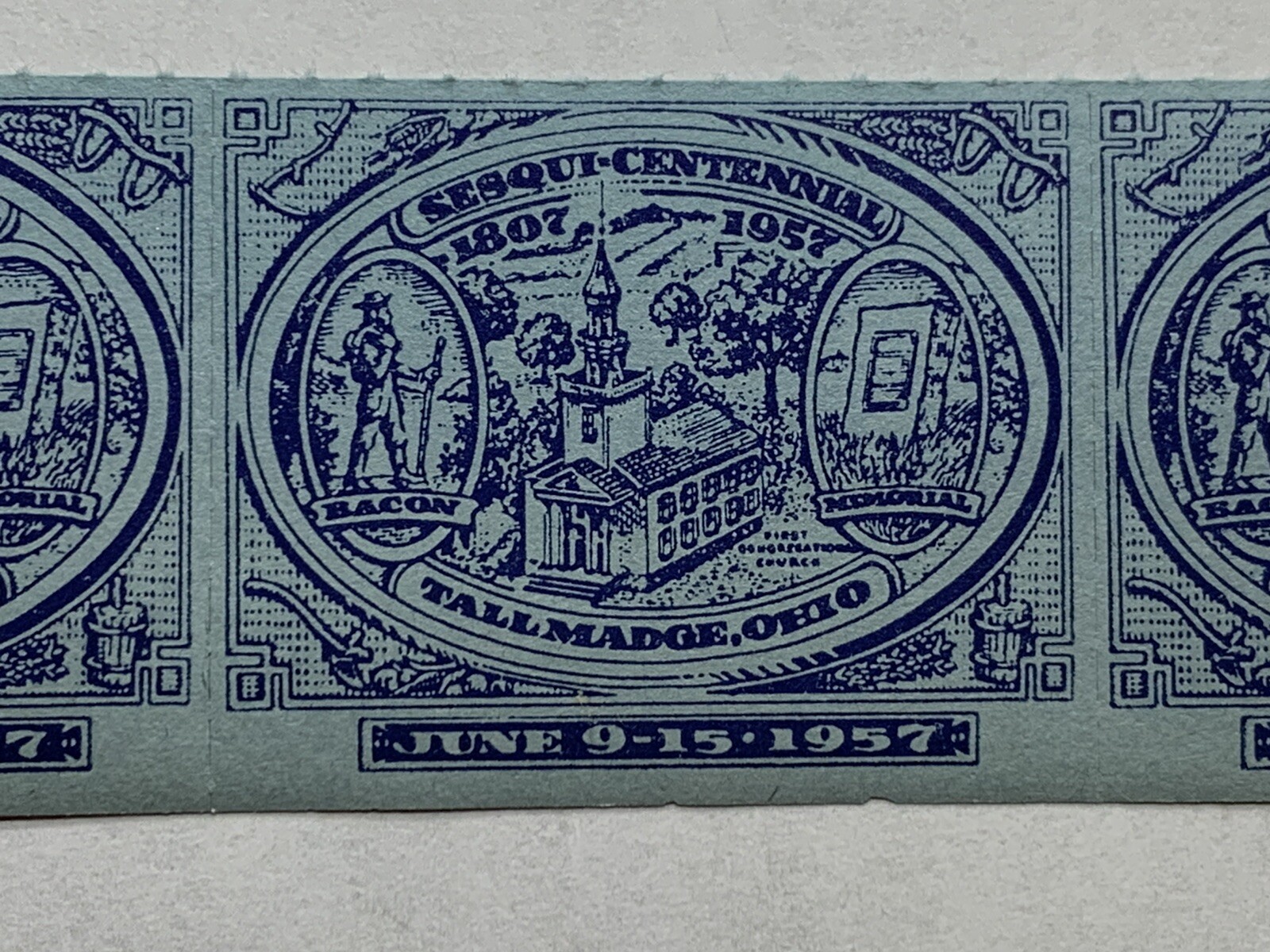 1957 TALLMADGE OHIO SESQUICENTENNIAL STRIP OF 3 POSTER CINDERELLA STAMPS OG Hoog gewaardeerd