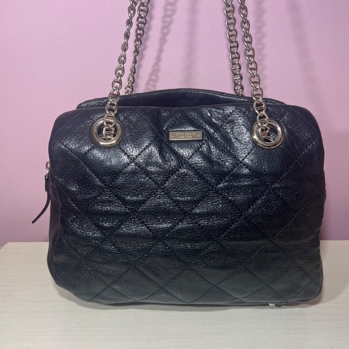 Kate Spade Black Metallic Shimmer Silver Chain Quilted Leather Tote Satchel Bag - Picture 3 of 14