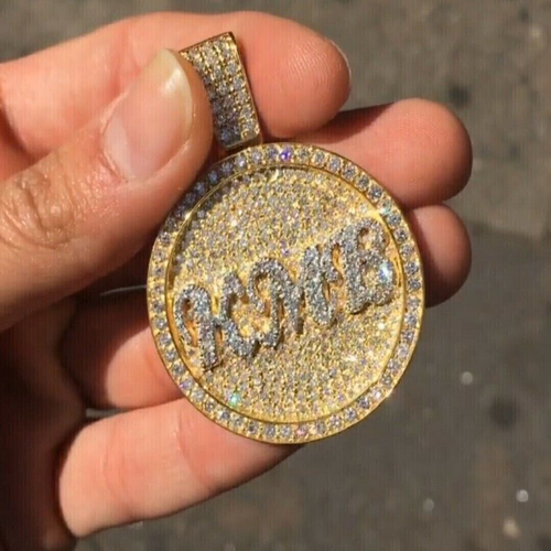 Custom Name Disk 3 Ct Real Moissanite Hip Hop Pendant 14K Yellow Gold Plated - Bild 1 von 3