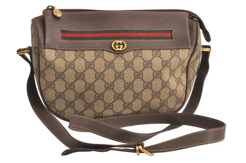 Authentic GUCCI Web Sherry Line Shoulder Bag GG PVC Leather Brown Junk 4997M