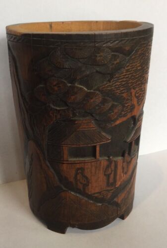 Antique Chinese Brush Pot Hand Carved Wood Bamboo Brush Pot 10” - Picture 2 of 11