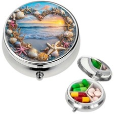 Ocean Sunset Seashell Pill Box 3-Compartment Travel Pocket Size Organizer