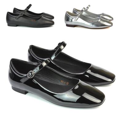 Mary Jane Damen-Ballerinas flache Dolly-Pumps mit Schnallenriemen eckige Zehenpartie