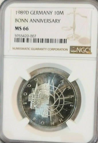 1989 GERMANY SILVER 10 MARK S10M BONN ANNIVERSARY NGC MS 66 SCARCE PQ GEM BU
