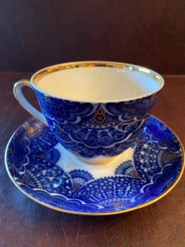 VTG LOMONOSOV PORCELAIN TEACUP & SAUCER LACE DRAPE Cobalt & Gold-RARE USSR MARK