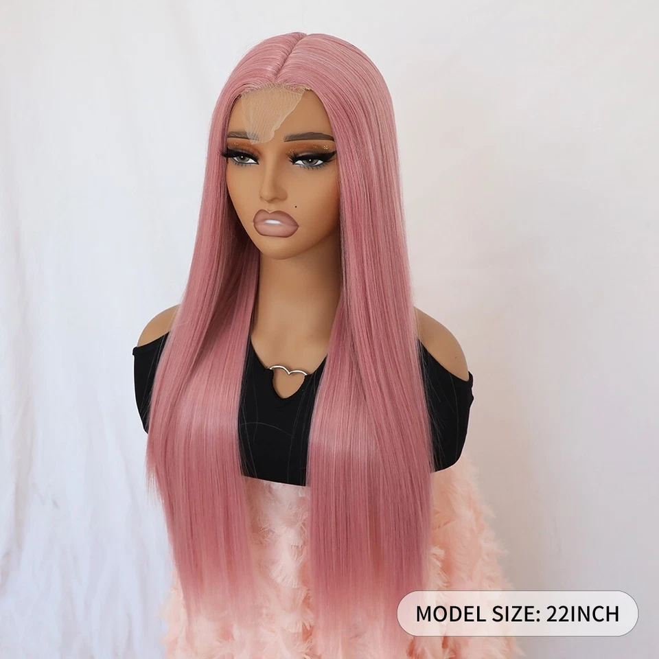 Pelucas frontales de encaje sintético cabello largo liso rosa resistente al calor mujeres fiesta Foto 4 de 4