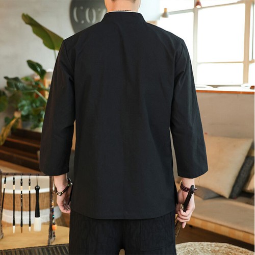 Chinese Men Blouse Long Sleeve Oriental Linen Shirt Kung Fu Hanfu Top - Picture 6 of 14