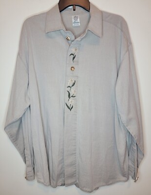 Amann Handarbeit Long Sleeve Shirt Tan Size 44 Made in Austria Flower Embroidery
