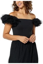 G by Giuliana Black Label Off-Shoulder Top w/Tulle Puff Sleeves Black