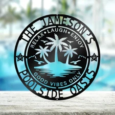 Personalized Poolside Oasis Palm Tree Metal Sign - Backyard Patio Poolside Tiki