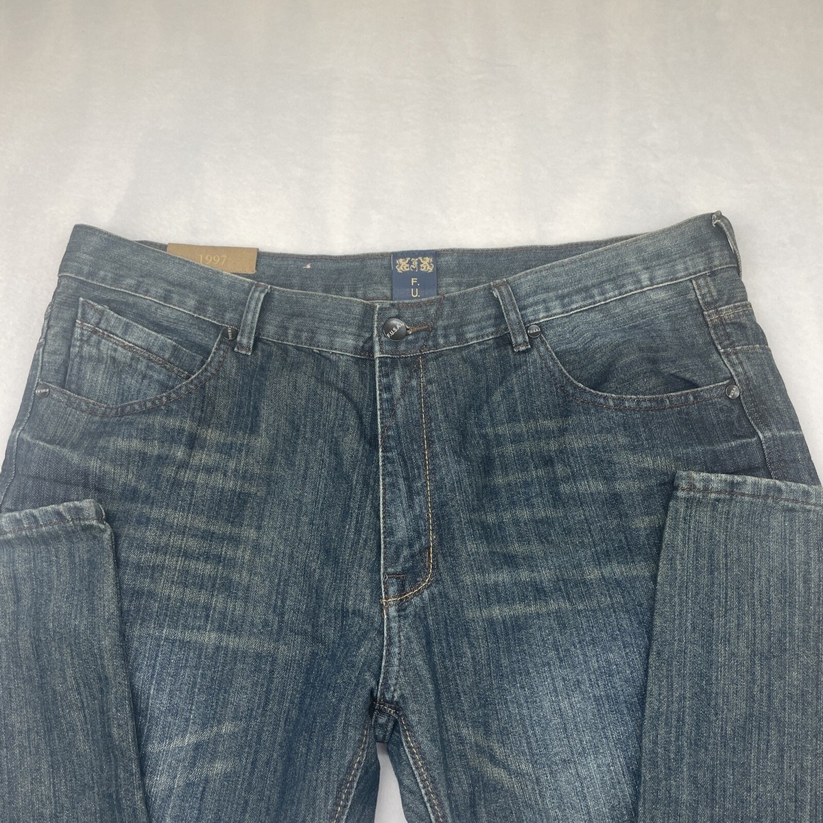 FUSAI Jeans Mens 42x32 Med Wash Grunge Y2K Distressed FUSAI Jeans Mens 42x32 Med Wash Grunge Y2K Distressed