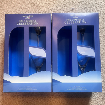 Grey Goose Vodka Boxed Promotional Martini Glass Set Blue/Clear Distillery Theme