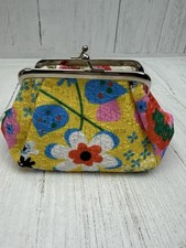 Yellow Floral Kiss Lock Coin Purse White Trim Vintage Style Wallet