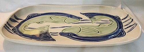 Raro piatto/piatto vintage Wingfoot Salmon Art ceramica pesce verde e blu firmato 16"W - Foto 5 di 12