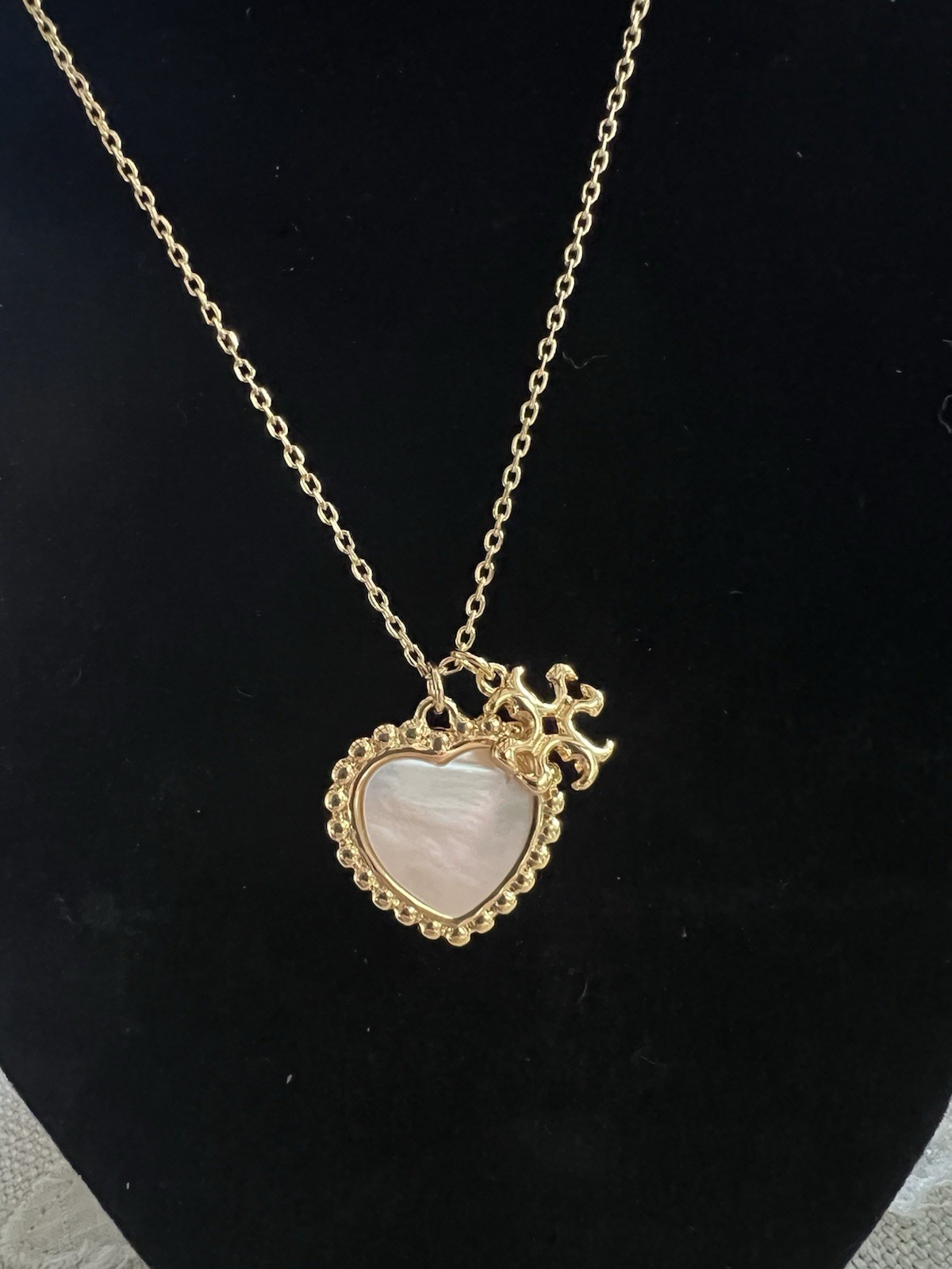 TORY BURCH Charm Gold Necklace, with Mother of Pearl Heart and TB logo 17” thumbnail 4