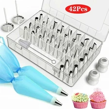 42Pcs Icing Piping Nozzles Pastry Tips Cake Decor Coupler Flower Nails DIY Set