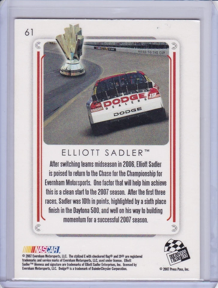 Elliott Sadler 2007 Press Pass Premium card 61 - Image 2 of 2