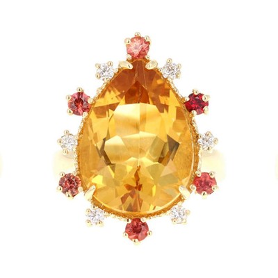 Roshe Jewels 11,09 ctw Birnenschliff Citrin Saphir Diamant 14k Gelbgold Ring 7