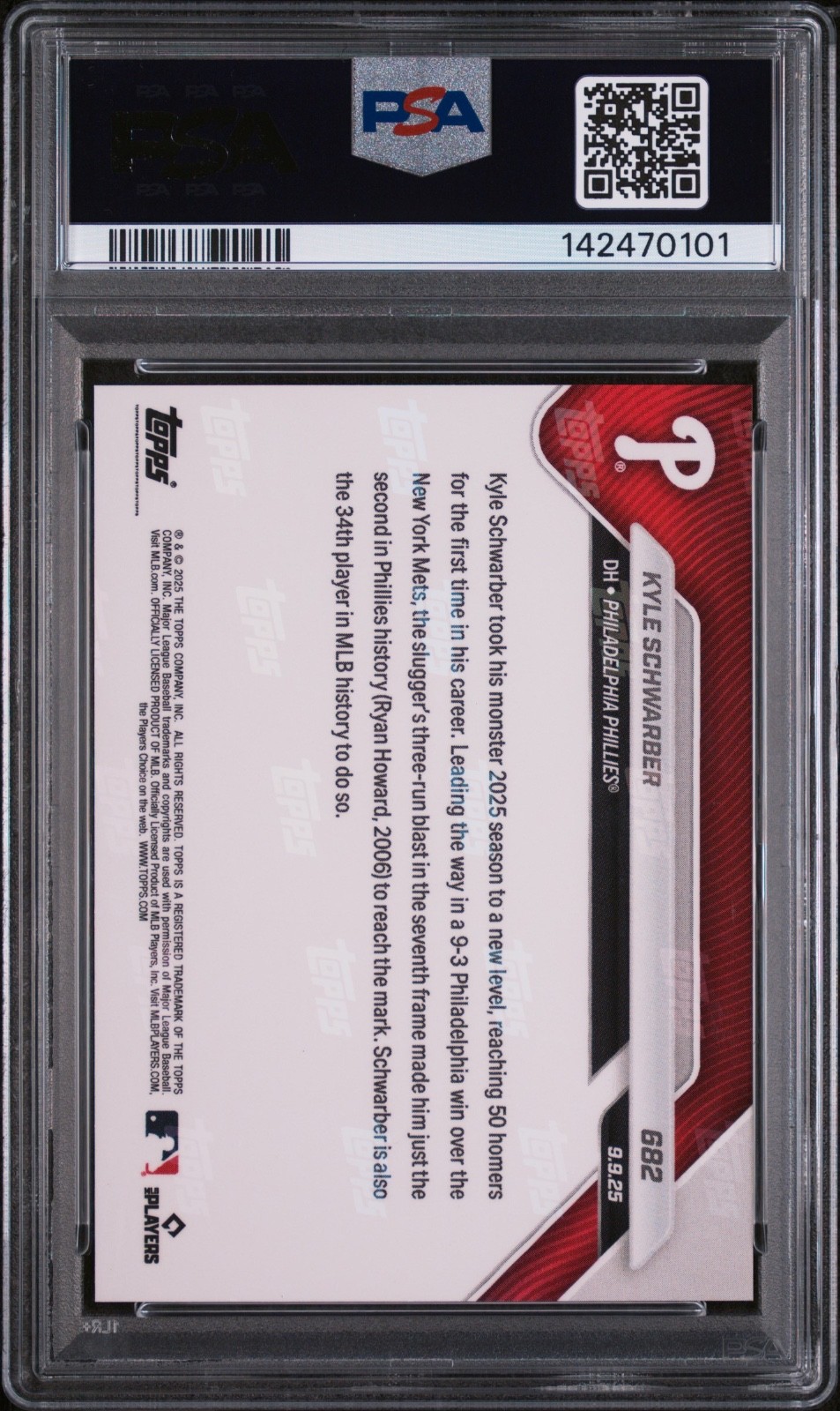 2025 Topps Now KYLE SCHWARBER #682 50-HR Season Is 2nd in Phillies History PSA10 view 4