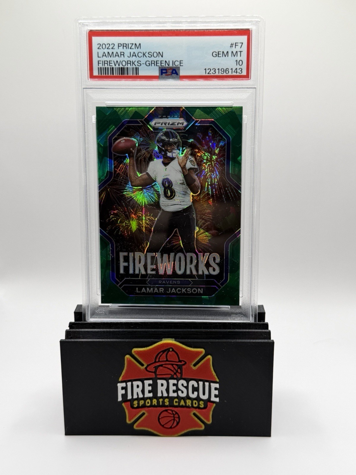 2022 Prizm Lamar Jackson Fireworks Green Ice #F7 PSA 10 POP 1 MVP