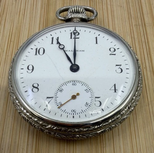Antique 1925 Waltham Open Face Pocket Watch Silver Case Parts/Restoration