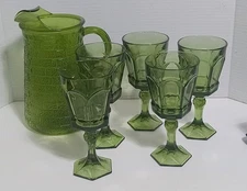 VINTAGE SET OF 5GREEN FOSTORIA VIRGINIA JUICE GOBLETS-6" And Pitcher