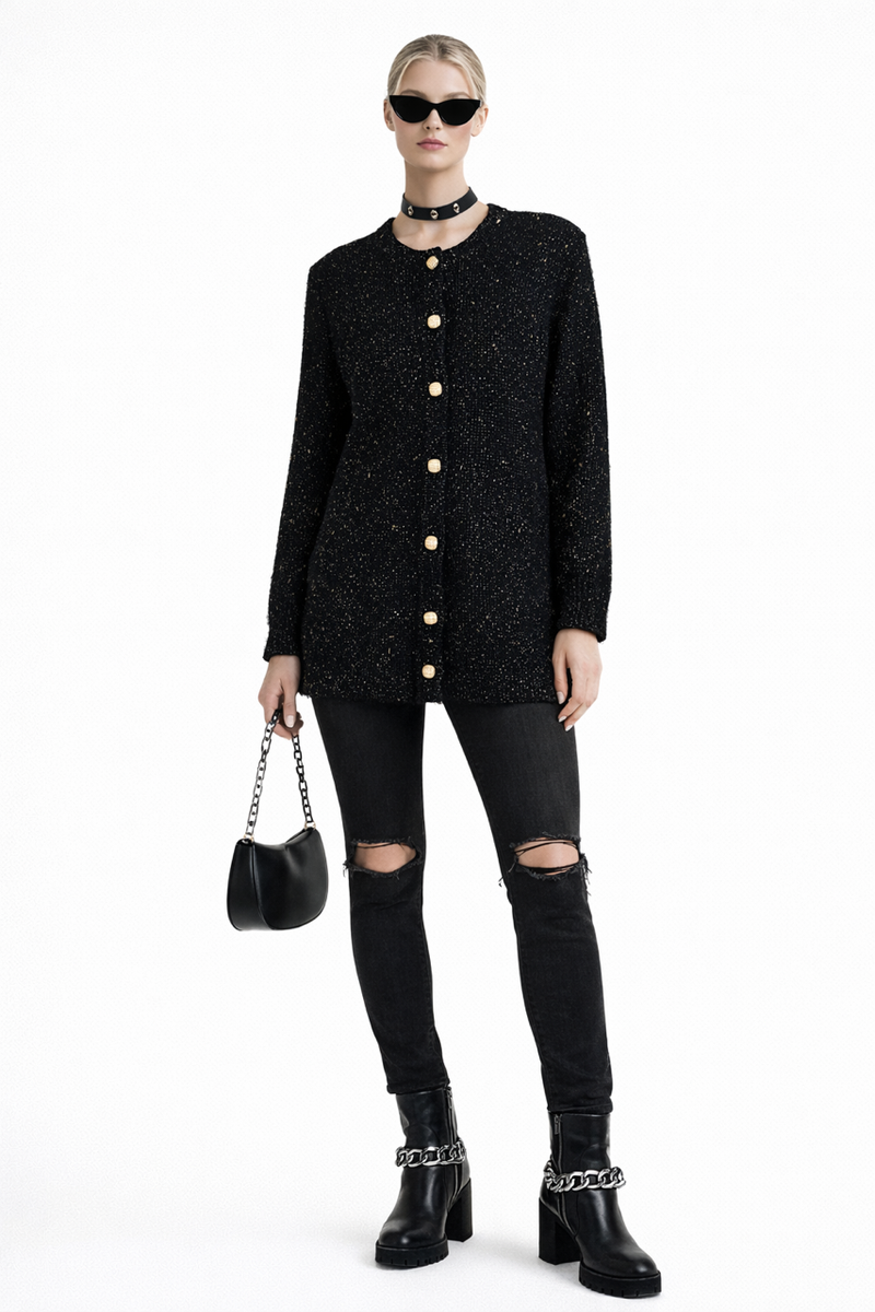 VINCENNE Couture Black Boucle Chanel Tweed Jacket Top Dress Gold