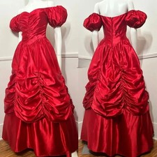 1980S Vintage Red Prom Dresses Off Shoulder Princess Satin A-Line Evening Gowns