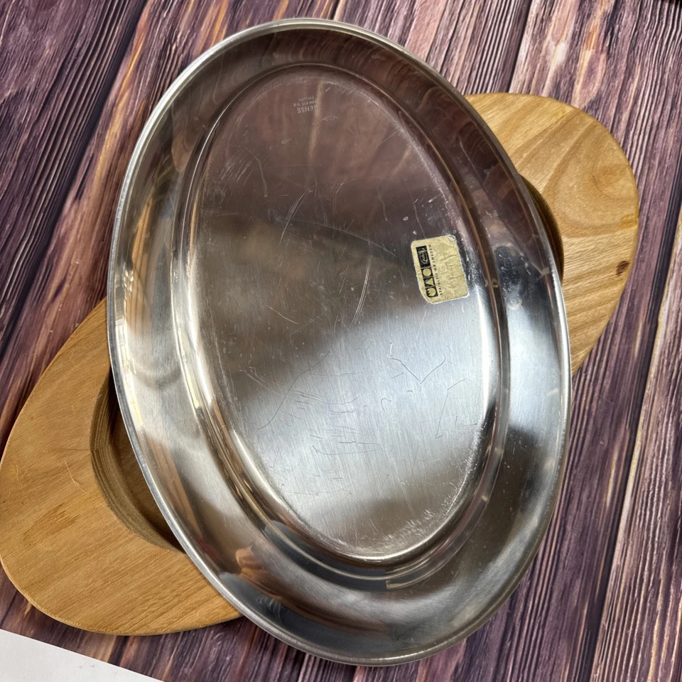 1 Gense Sweden Stainless Steel 18-8 Serving Tray Platters wood base MCM - Image 4 of 4