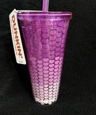 SALE! $7.50 YOU PAY SHIP 24OZ  PURPLE HEART DUNKIN CUP MUG - HEART SHAPED STRAW