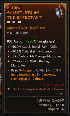    DIABLO 4 SEASONAL 14 LEGEN GLOVES 3GA-CRIT %+CRIT DMG+VUL DMG