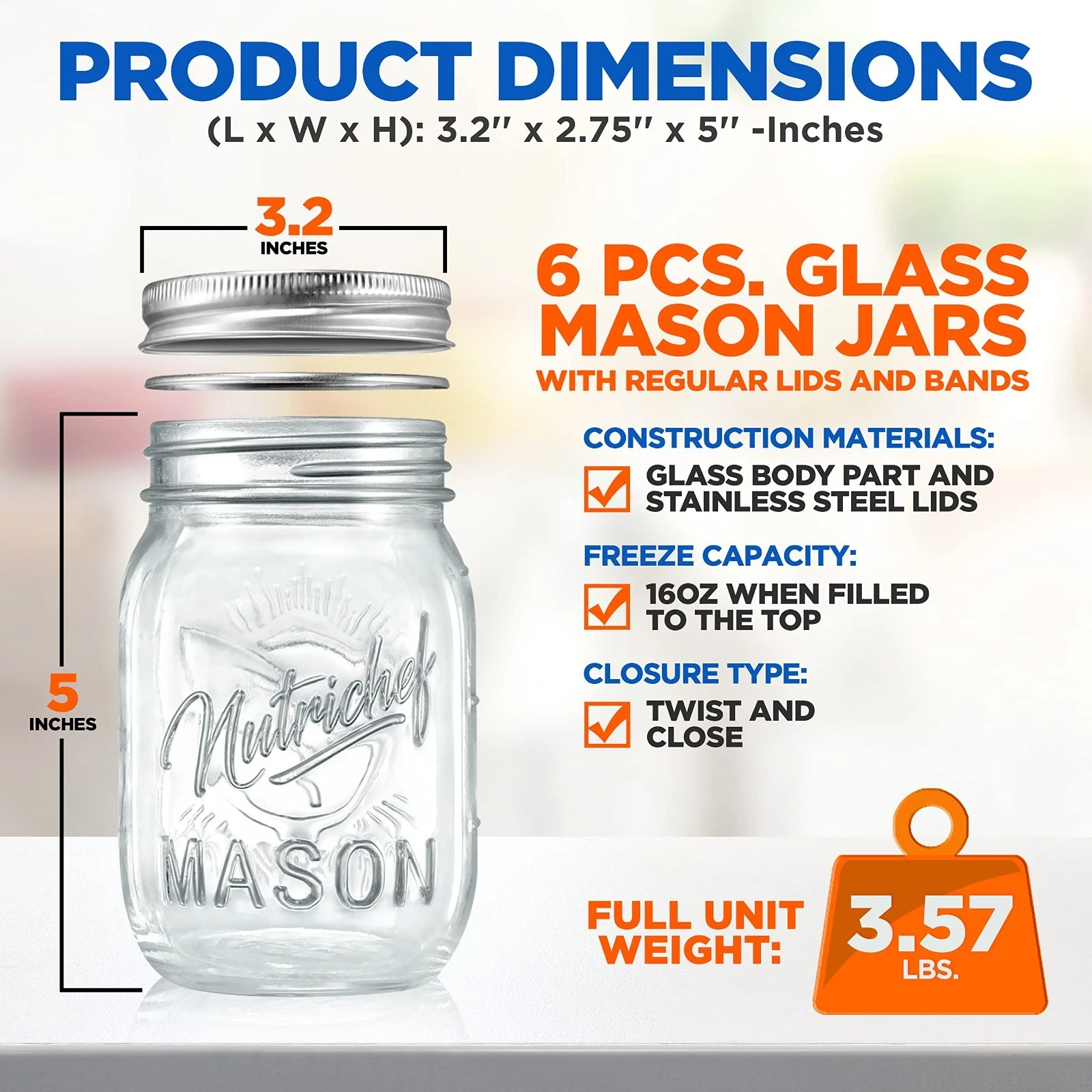 NutriChef Thick Glass Canning Jars 16 oz - Ideal for Spices & Meal Prep