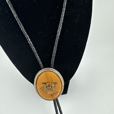 Bolo Resin Over Wood in Metal Casing..Tiger Handpainted..Beaver Imprint on Back