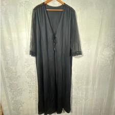 Vintage Peignoir Robe Black Lace Tie Front USA Made One Size Long Maxi Sheer
