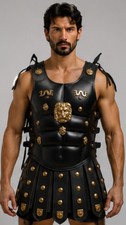 Roman Gladiator Muscle Leather Armor Black Gold Warrior Costume Breastplate
