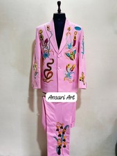 Men Pink 2Pc Custom Made Floral Embroidered Western Nudie Suit wedding Outfits